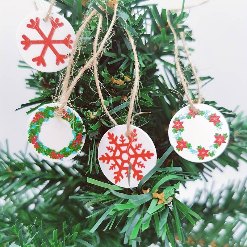 40pcs, 1inch Wooden Round Red Snowflake Wreath Printed Tags Ornaments With  Jute String For Christmas Tree Decorations Pendants DIY Xmas Winter Arts Cr